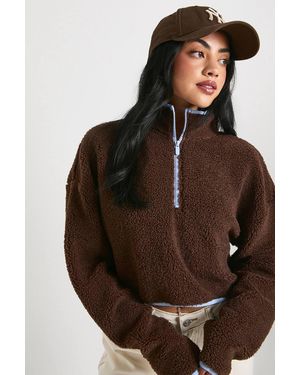 Boohoo Contrast Half Zip Funnel Neck Cropped Borg Sweatshirt - Brown