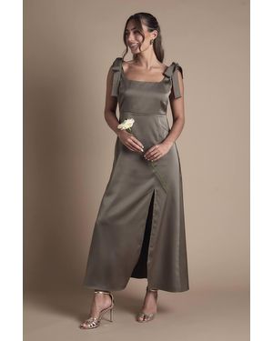 Oasis Petite Satin Tie Shoulder Midi Bridesmaid Dress - Blue