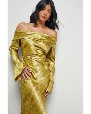 Warehouse Shimmer Satin Foldover Bardot Bias Midi Dress - Yellow