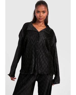 Boohoo Wave Plisse Relaxed Fit Shirt - Black