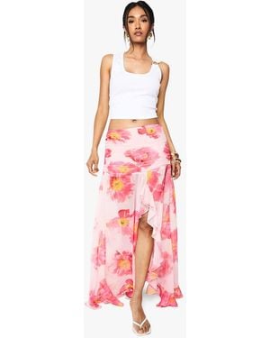 Boohoo Floral Chiffon Ruffle Split Leg Maxi Skirt - Red