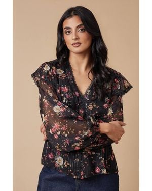 Oasis Floral Metallic Chiffon Lace Trim Ruffle Sleeve Blouse - Black