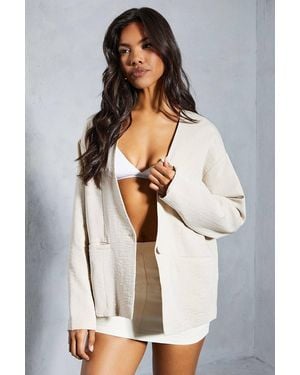 MissPap Collarless Relaxed Linen Look Blazer - White