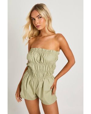 Boohoo Cotton Poplin Ruched Playsuit - Green