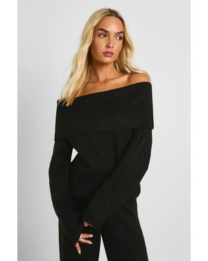 Boohoo Chunky Knitted Bardot Sweater And Straight Leg Trouser Co-Ord - Black