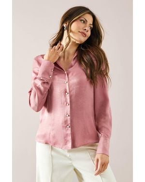 Wallis Hammered Satin V Neck Blouse - Pink