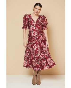 Wallis Floral Puff Sleeve Midi Dress - Pink