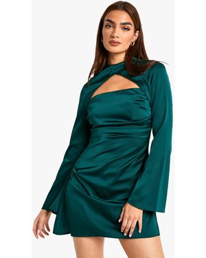 Boohoo Satin Ruched Mini Dress - Green