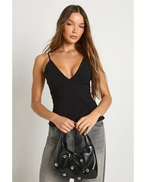 Boohoo Strappy V Neck Bengaline Cami Top - Black