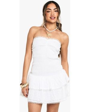 Boohoo Broderie Anglaise Shirred Bandeau Mini - White