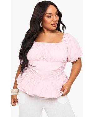 Boohoo Plus Cotton Puff Sleeve Blouse - Pink