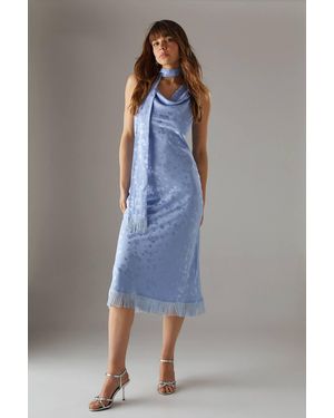 Warehouse Satin Jacquard Cowl Scarf Neck Fringe Midi Slip Dress - Blue