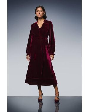 Wallis Velvet Tie Belt Button Down Midi Dress - Red