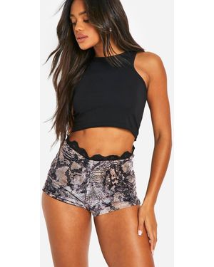 Boohoo Snake Print Mesh Ruched Lace Trim Booty Short - Black
