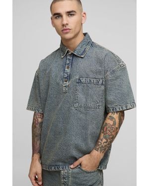 BoohooMAN 3/4 Sleeve Boxy Washed Rugby Denim Shirt - Gray