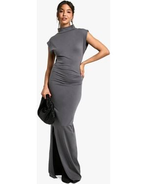 Boohoo Ruched High Neck Midaxi Dress - Blue