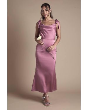 Oasis Satin Tie Shoulder Cowl Front Midi Bridesmaid Dress - Pink