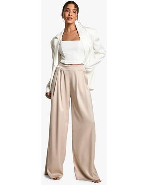 Boohoo Crossover Waistband Satin Wide Leg Pants - Natural