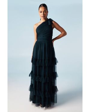 Oasis Pleated Mesh One Shoulder Tiered Maxi Bridesmaid Maxi Dress - Blue