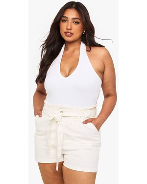 Boohoo Plus Paperbag Waist Denim Short - White