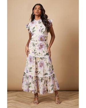 Oasis Floral Printed Chiffon Lace Insert Dress - Brown