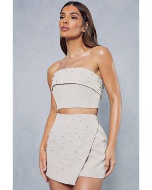 MissPap Pearl Embellished Corset Top - Natural