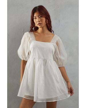 Warehouse Burnout Gingham Organza Square Neck Mini Smock Dress - Gray