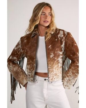 Nasty Gal Cow Hide Leather Zip Through Fringe Jacket - Brown