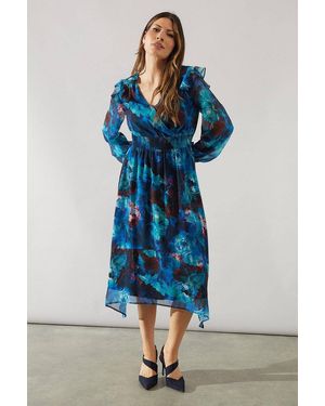 Wallis Blurred Floral Shirred Waist Dipped Hem Midi Dress - Blue