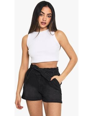 Boohoo Paper Bag Waist Denim Short - White