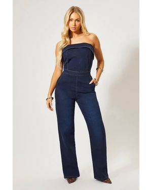 MissPap Fold Over Bandeau Denim Jumpsuit - Blue