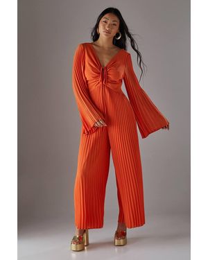 Warehouse Petite Chiffon Pleated Keyhole Flared Sleeve Jumpsuit