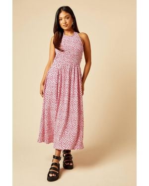 Dorothy Perkins Petite Spot Shirred Bodice Halterneck Jersey Midi Dress - Pink