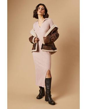 Oasis Ribbed Collared Knitted Midi Dress - Natural