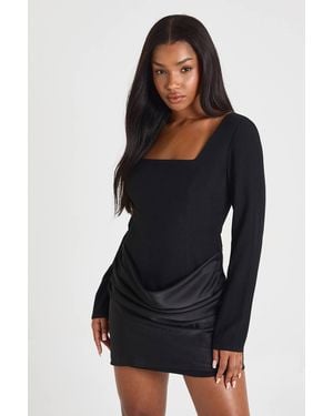 Boohoo Satin Drape Long Sleeve Mini Dress - Black