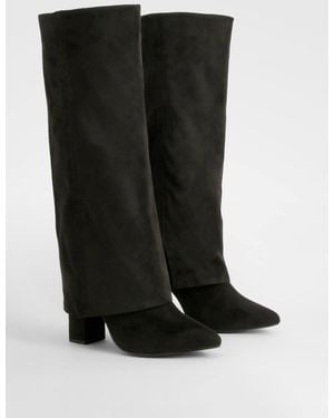 Boohoo Wide Fit Fold Over Heeled Knee High Boots - Black