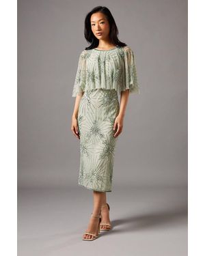 Coast Floral Embellished Cape Midi Dress - Gray