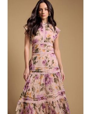 Oasis Floral Printed Chiffon Lace Insert Dress - Brown