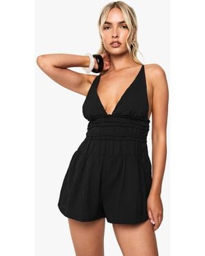 Boohoo Textured Strappy Ruched Playsuit - Black