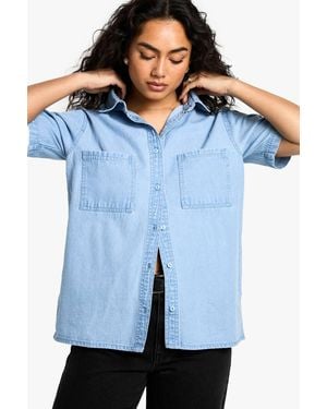 Boohoo Chambray Denim Short Sleeve Shirt - Blue