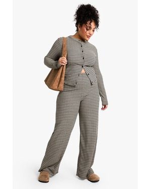 Boohoo Plus Rib Tie Waist Stripe Pants - Gray