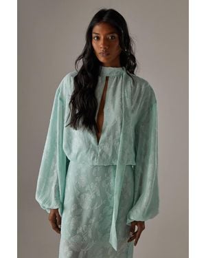 Warehouse Chiffon Jacquard High Neck Slash Front Blouse - Green