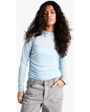 Boohoo Textured Mesh Ruched Side Top - Blue