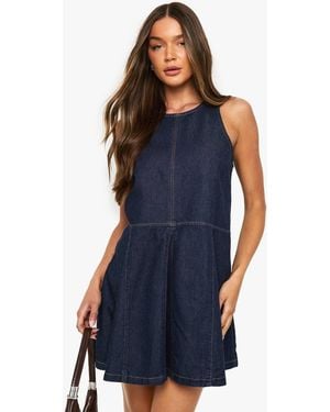 Boohoo Pleated Hem Denim Dress - Blue
