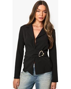Boohoo Hardware Trim Ruched Front Blazer - Black