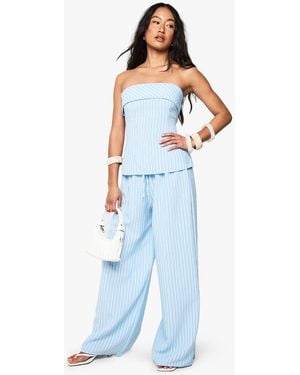 Boohoo Linen Look Stripe Wide Leg Trouser - Blue