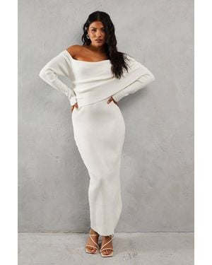 MissPap Knitted Rib Pleated Bardot Long Sleeve Maxi Dress - Gray