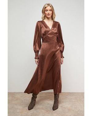 Oasis Jacquard Satin Midi Dress - Brown