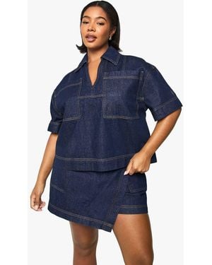 Boohoo Plus Denim Short Sleeve Boxy Shirt - Blue