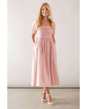 Wallis Petite Linen Mix Puff Sleeve Midaxi Dress - Pink